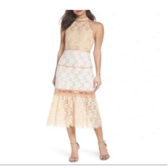 NEW Foxiedox Amelia Halter Neck Lace BodyCon Midi Dress Large, MSRP $228 - Picture 1 of 13
